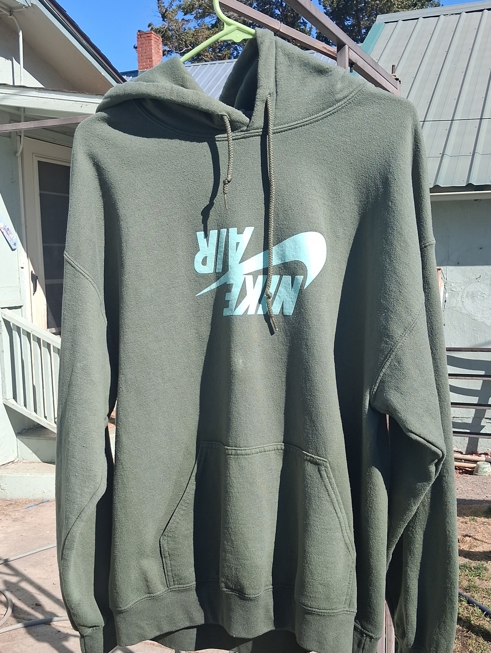 Nike Olive Green Pullover Hoodie with Light Blue Nike Air Logo